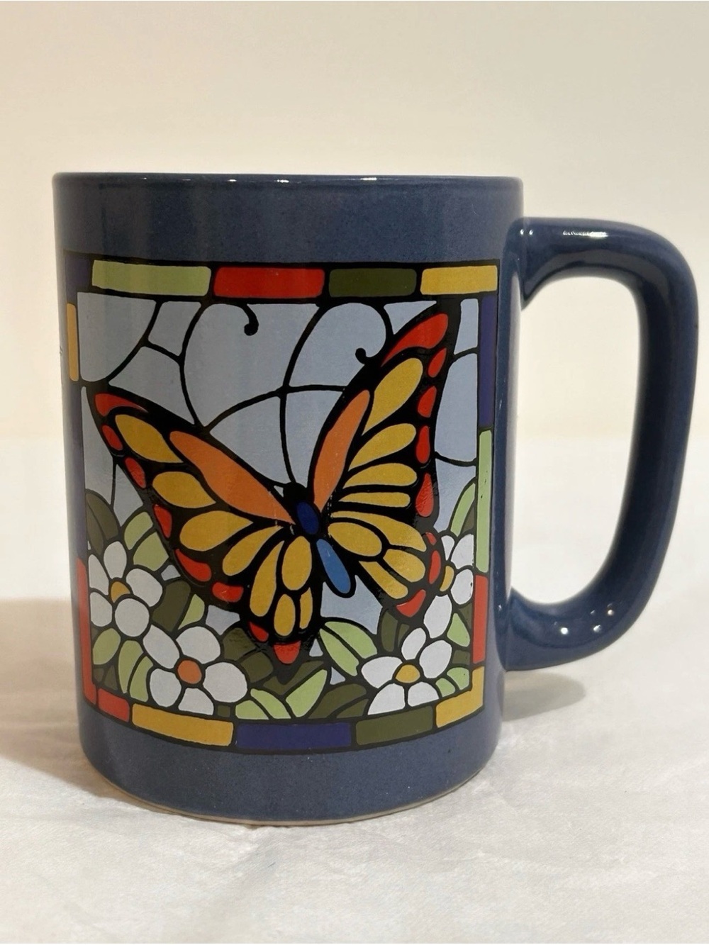 Vtg Otagiri Japan Stained Glass Look Butterfly Coffee Mug Blue Ceramic